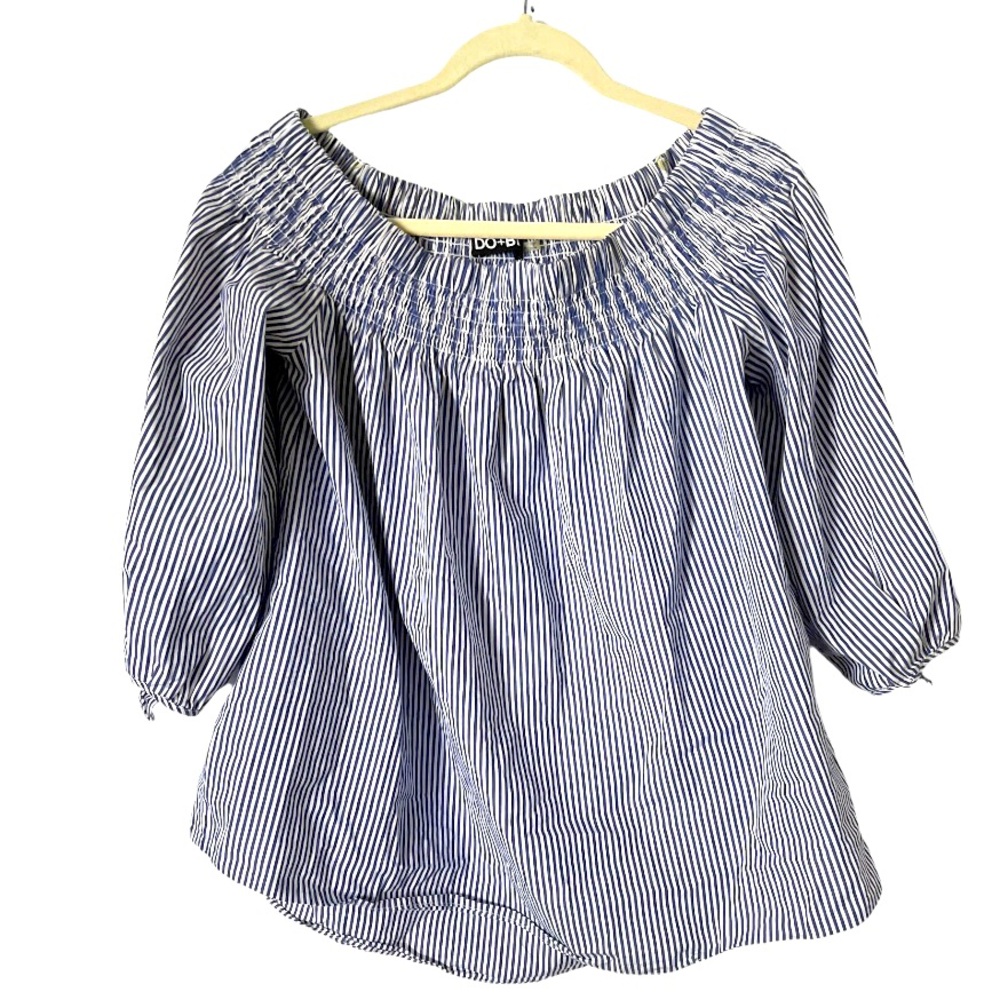 Do + Be Off-Shoulder Blue White Striped Smocked‎ Blouse